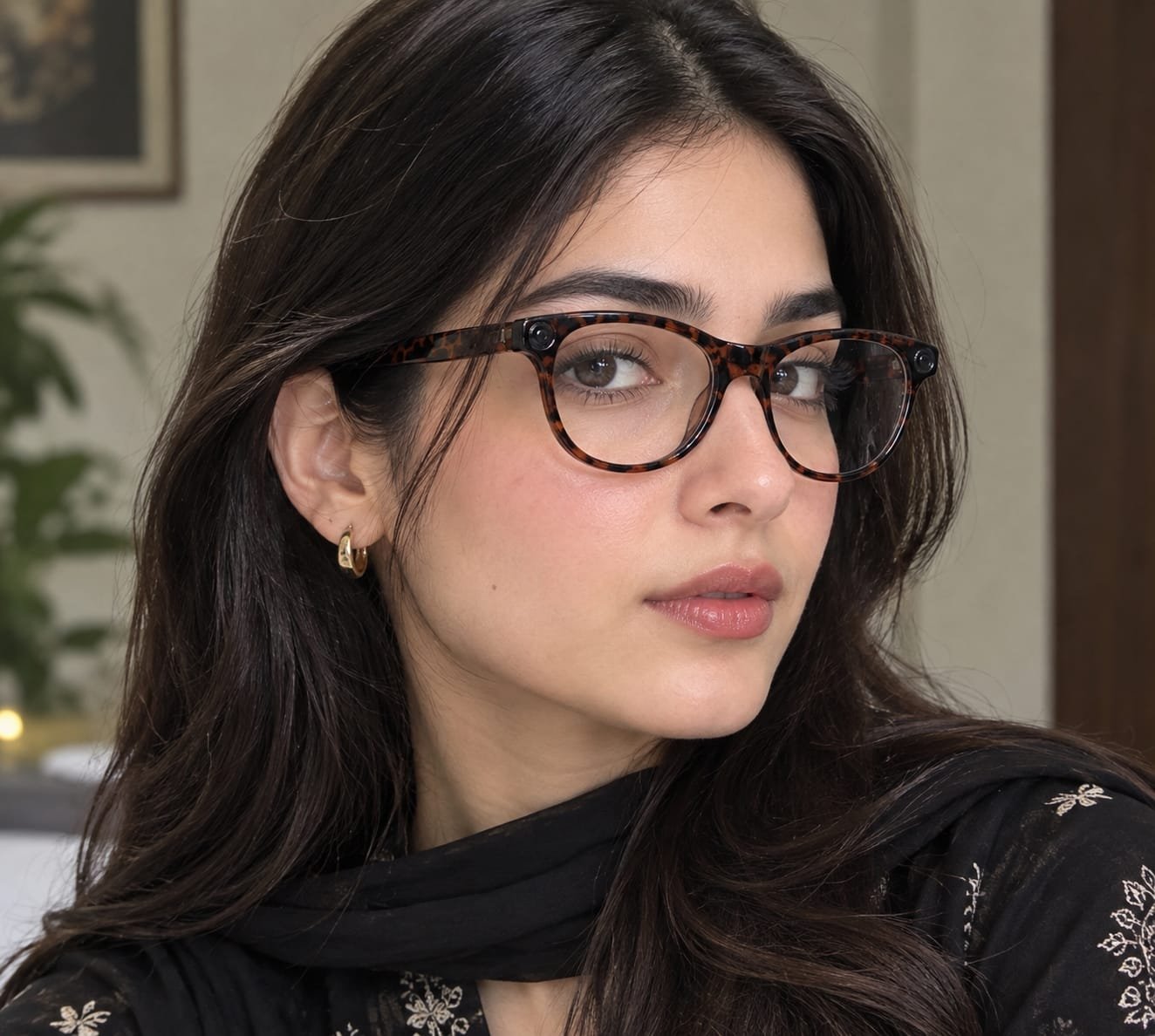 Woman wearing tortoiseshell Ainvue frames